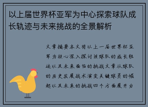 以上届世界杯亚军为中心探索球队成长轨迹与未来挑战的全景解析